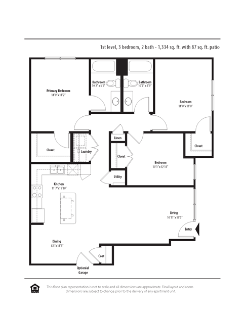 Floor plan for 3 beds, 2 baths, 1305 sqft